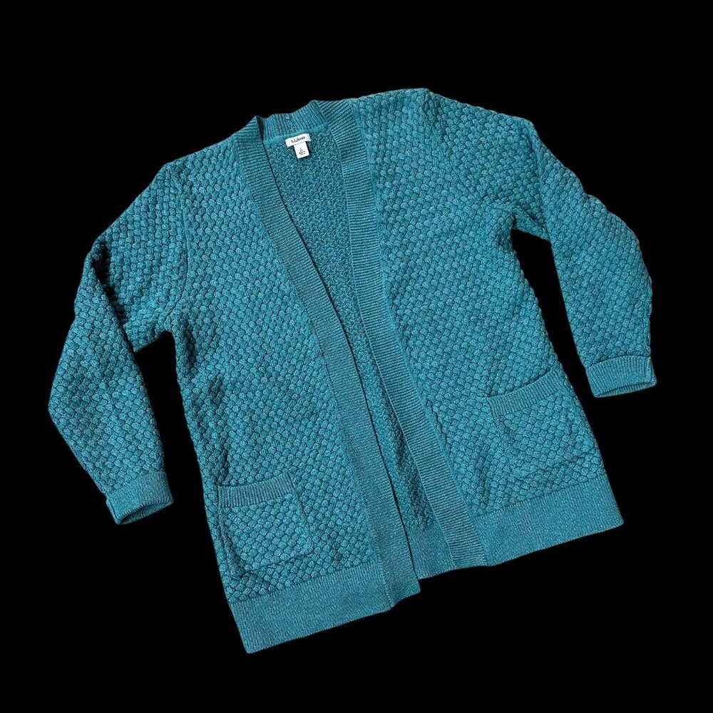 LL Bean Cardigan Sweater Womens Teal Knit Large Open Front Long Sleeve Woven